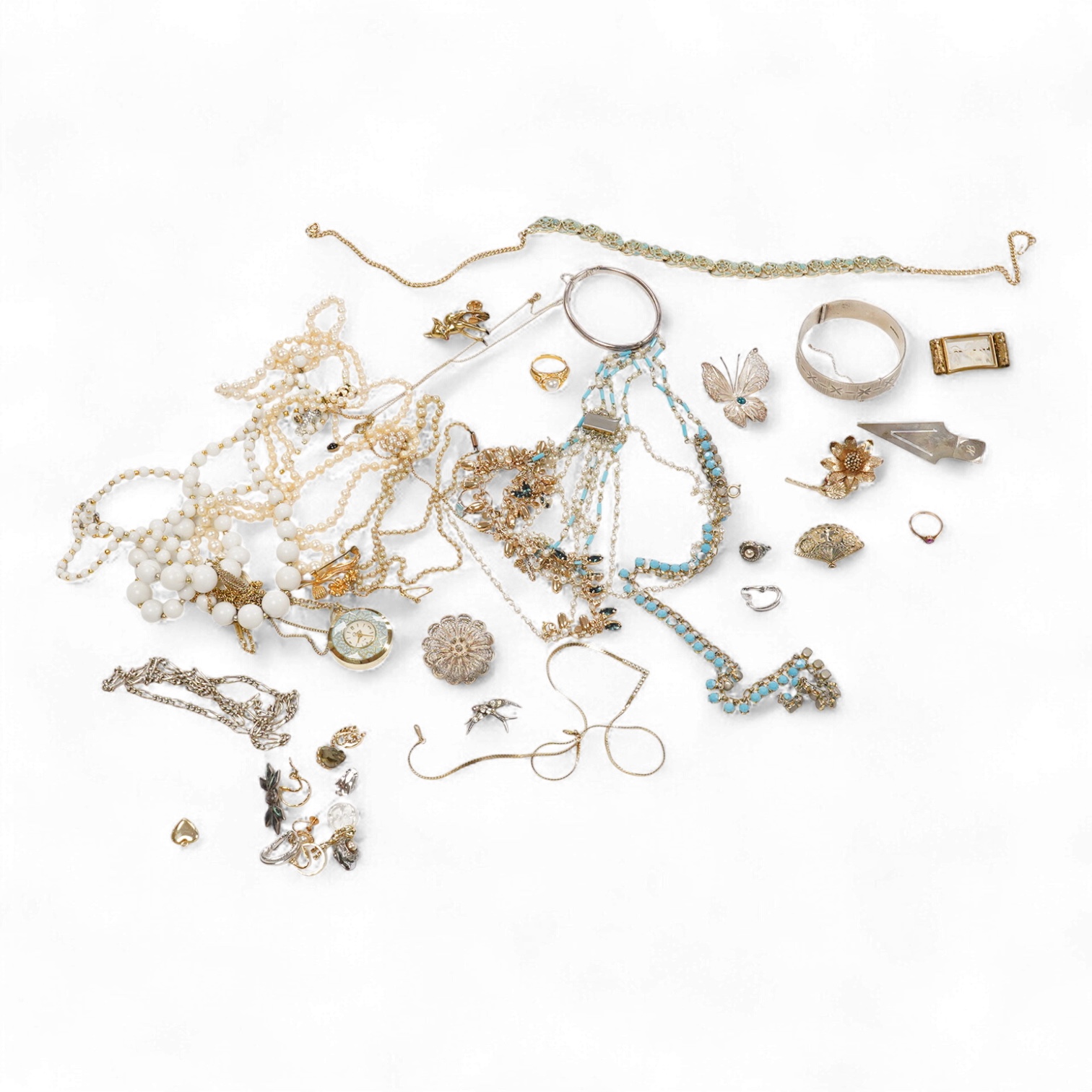 A 9ct and cabochon black onyx set pendant, on a 9ct chain, a 9ct and gem set ring and pair of 9ct and cultured pearl set ear clips, together with other items including costume jewellery, a silver bangle and a silver book